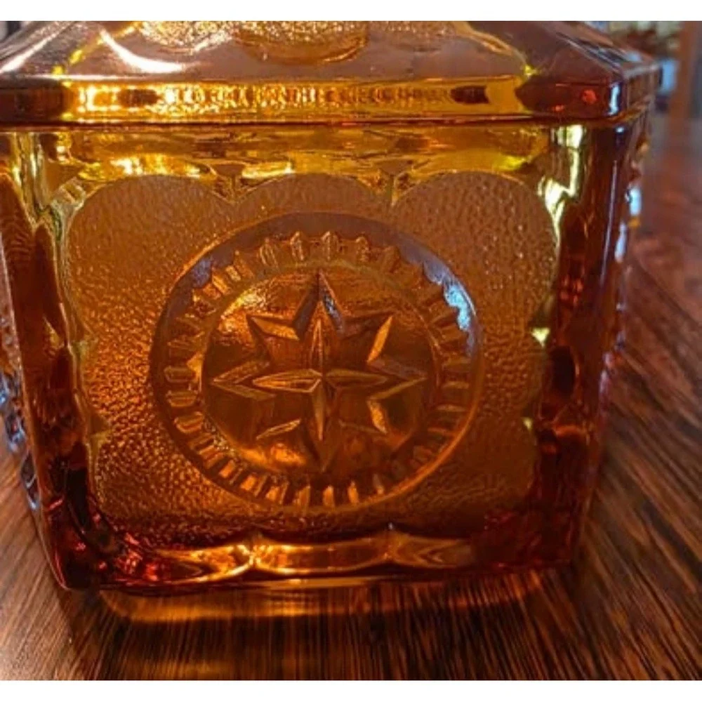 Vintage Tiara Indiana Glass Amber Eagle and Stars Hexagon Candy Dish Patriotic